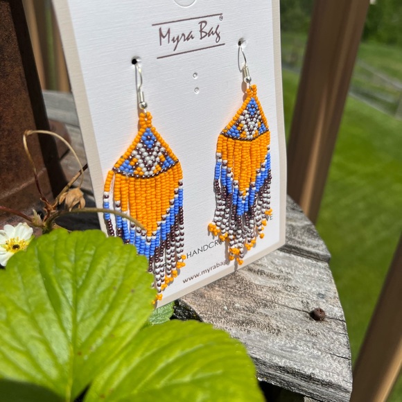 Hand Beaded Boho tassel boho western tribal earrings blue orange gold jewelry - Picture 2 of 3